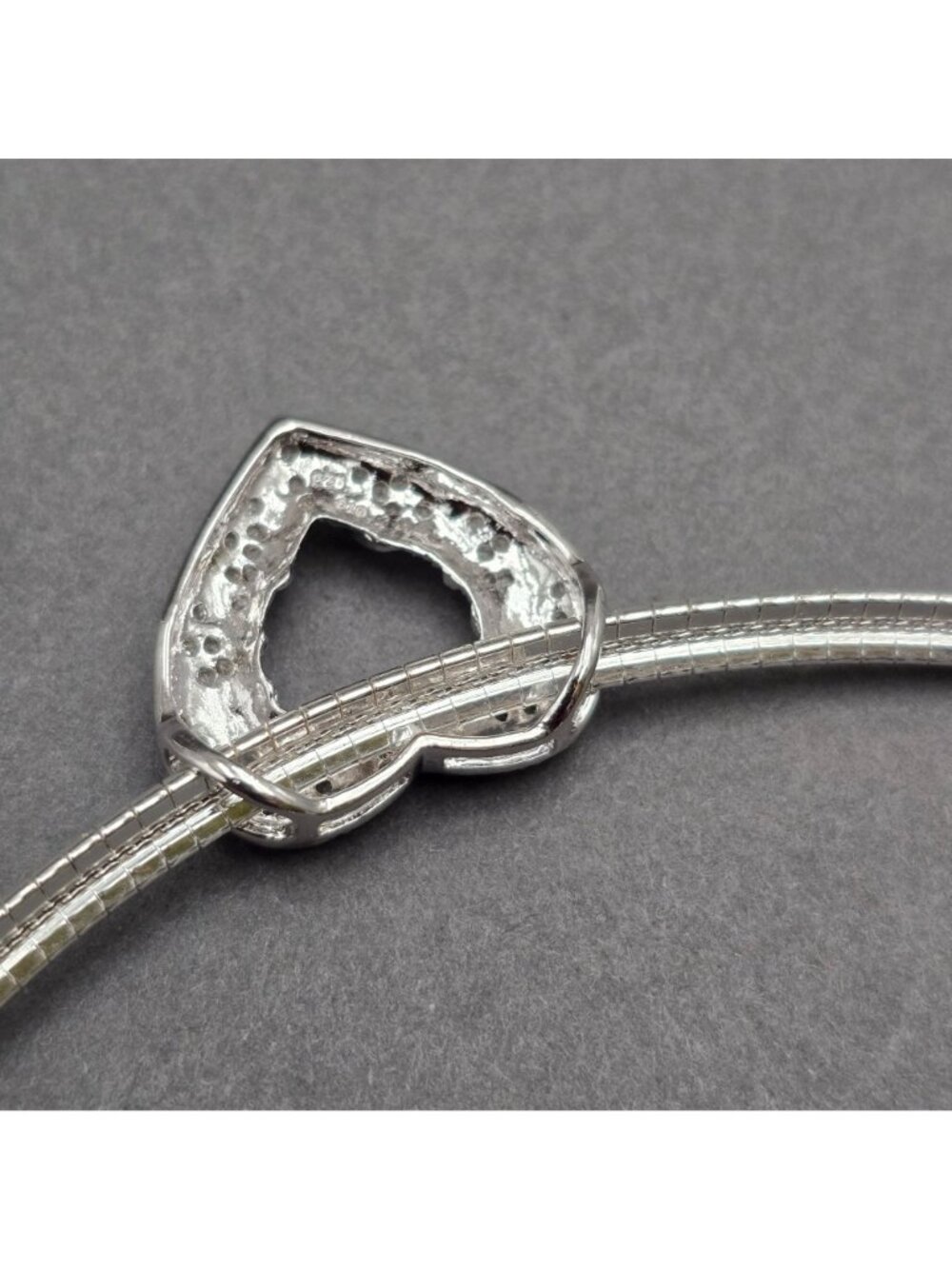 Sterling Silver Omega Chain Choker White Diamond Heart Pendant Necklace - Picture 14 of 16